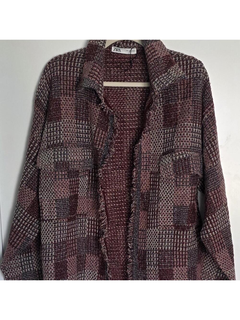 Zara Women's Burgundy Plaid Knit Sweater Jacket